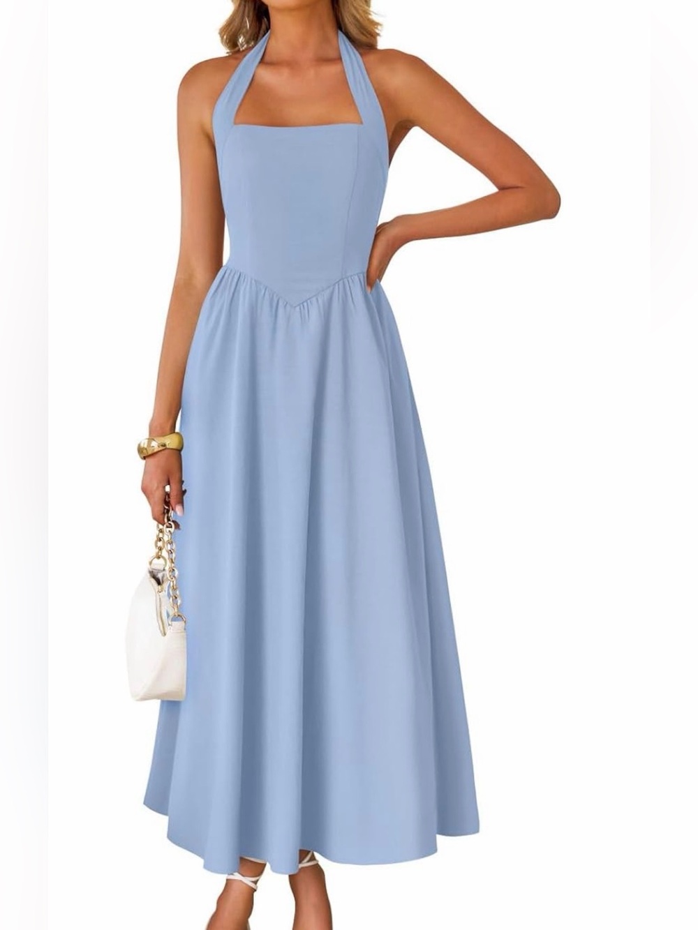 Light Blue Square Neck Halter Dress